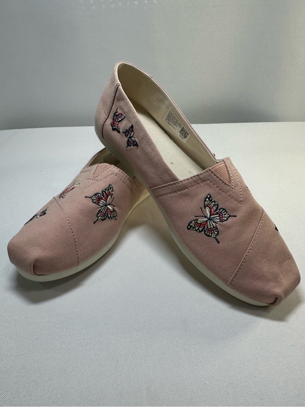 TOMS Women Size 8.5 Pale Pink Canvas Butterfly Embroidery Alpargata Slip On